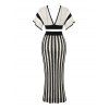 Bohemian Women Outfit Colorblock Hollow Out V Neck Cropped Top and Striped Tied Knitted Bodycon Skirt Set - Blanc S | US 4