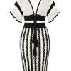 Bohemian Women Outfit Colorblock Hollow Out V Neck Cropped Top and Striped Tied Knitted Bodycon Skirt Set - Blanc S | US 4