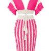 Bohemian Women Outfit Colorblock Hollow Out V Neck Cropped Top and Striped Tied Knitted Bodycon Skirt Set - Rouge Rose S | US 4