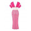 Bohemian Women Outfit Colorblock Hollow Out V Neck Cropped Top and Striped Tied Knitted Bodycon Skirt Set - Rouge Rose S | US 4