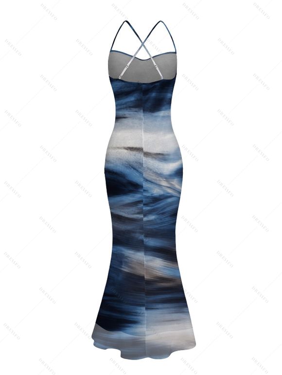Elegant Vacation Dress Oil Painting Wave Tie Dye Print Mesh Panel Crisscross Draped Bodycon Dress - Bleu XL | US 12