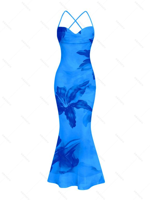 Hawaiian Vacation Dress Lily Floral Print Crisscross Ruched Mesh Bodycon Dress - Bleu L | US 8-10