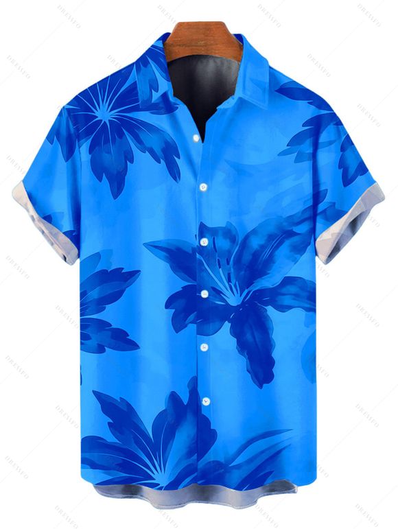 Hawaiian Vacation Couple Outfit Lily Floral Print Crisscross Ruched Mesh Bodycon Dress and Short Sleeve Shirt Set - BLUE S | US 4