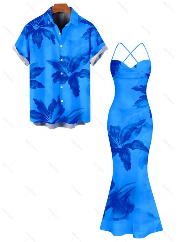 Hawaiian Vacation Couple Outfit Lily Floral Print Crisscross Ruched Mesh Bodycon Dress and Short Sleeve Shirt Set - BLUE S | US 4