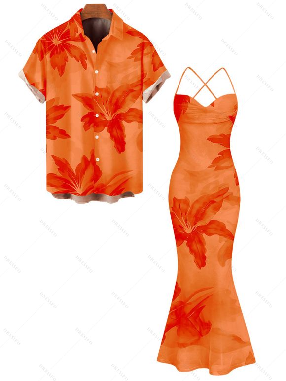 Hawaiian Vacation Couple Outfit Lily Floral Print Crisscross Ruched Mesh Bodycon Dress and Short Sleeve Shirt Set - Orange S | US 4