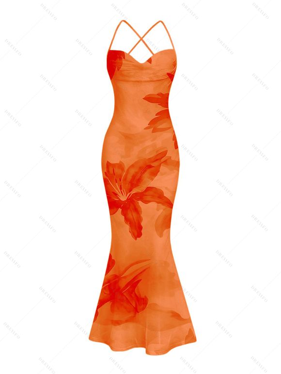 Hawaiian Vacation Couple Outfit Lily Floral Print Crisscross Ruched Mesh Bodycon Dress and Short Sleeve Shirt Set - Orange S | US 4