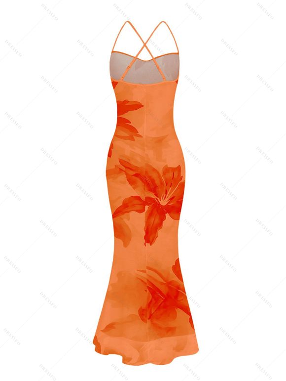 Hawaiian Vacation Couple Outfit Lily Floral Print Crisscross Ruched Mesh Bodycon Dress and Short Sleeve Shirt Set - Orange S | US 4