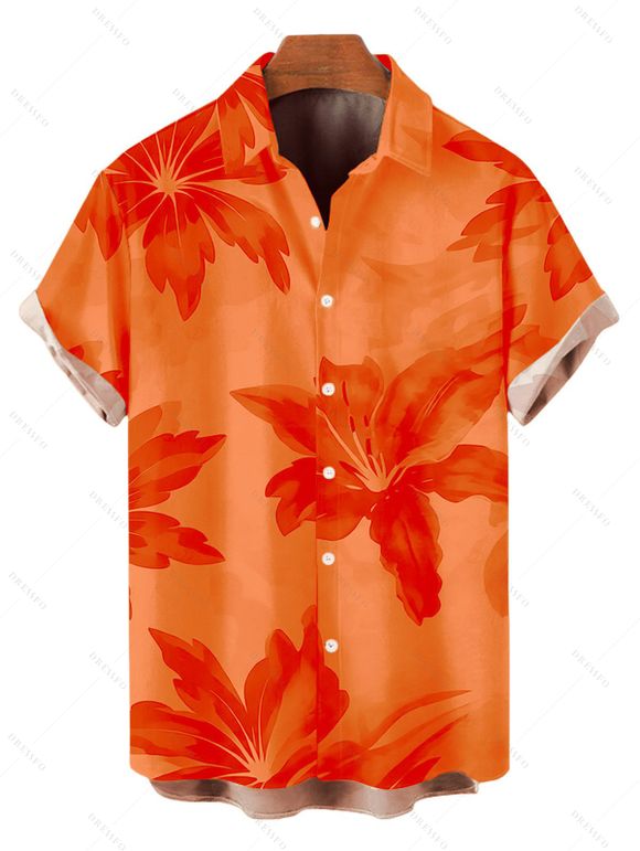 Hawaiian Vacation Couple Outfit Lily Floral Print Crisscross Ruched Mesh Bodycon Dress and Short Sleeve Shirt Set - Orange S | US 4