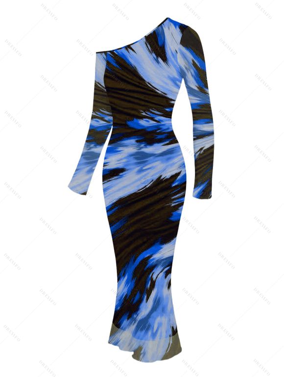 Vacation Dress Abstract Brush Stroke Print Mesh Skew Neck Long Sleeve Bodycon Dress - Bleu XXL | US 14