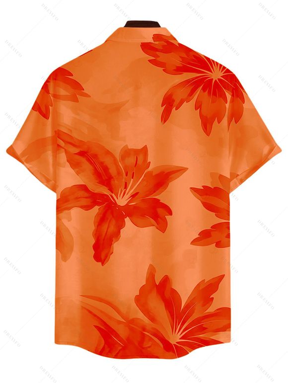 Hawaiian Vacation Couple Outfit Lily Floral Print Crisscross Ruched Mesh Bodycon Dress and Short Sleeve Shirt Set - Orange S | US 4