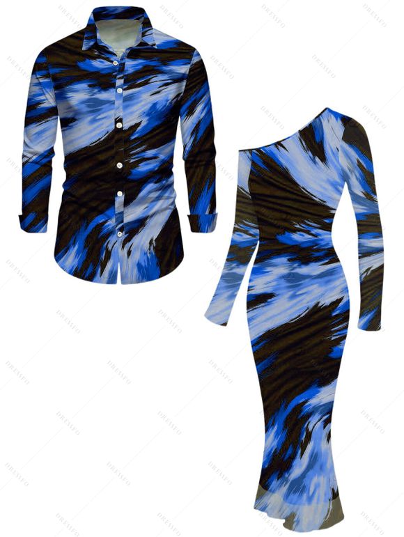 Vacation Couple Outfit Abstract Brush Stroke Print Mesh Skew Neck Bodycon Dress and Long Sleeve Shirt Set - Bleu S | US 4