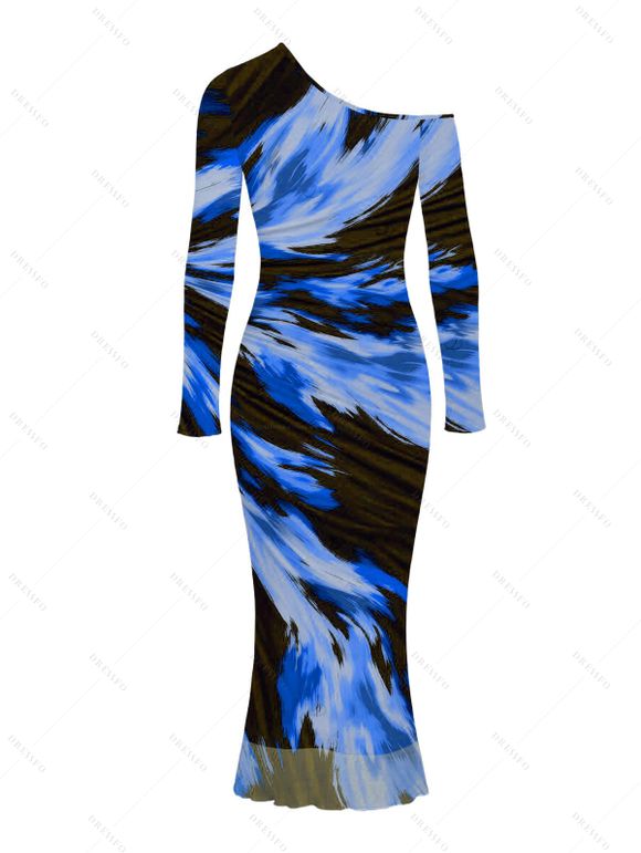 Vacation Couple Outfit Abstract Brush Stroke Print Mesh Skew Neck Bodycon Dress and Long Sleeve Shirt Set - Bleu S | US 4