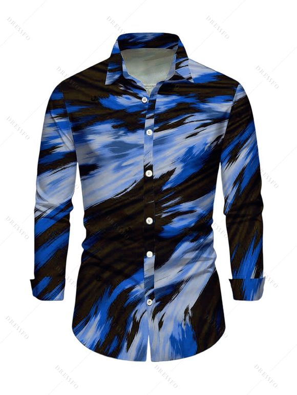 Vacation Couple Outfit Abstract Brush Stroke Print Mesh Skew Neck Bodycon Dress and Long Sleeve Shirt Set - Bleu S | US 4