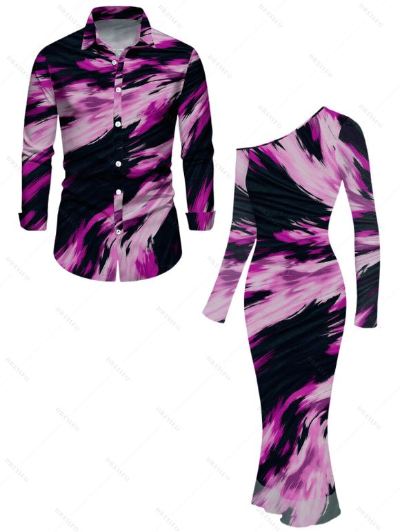 Vacation Couple Outfit Abstract Brush Stroke Print Mesh Skew Neck Bodycon Dress and Long Sleeve Shirt Set - Pourpre S | US 4