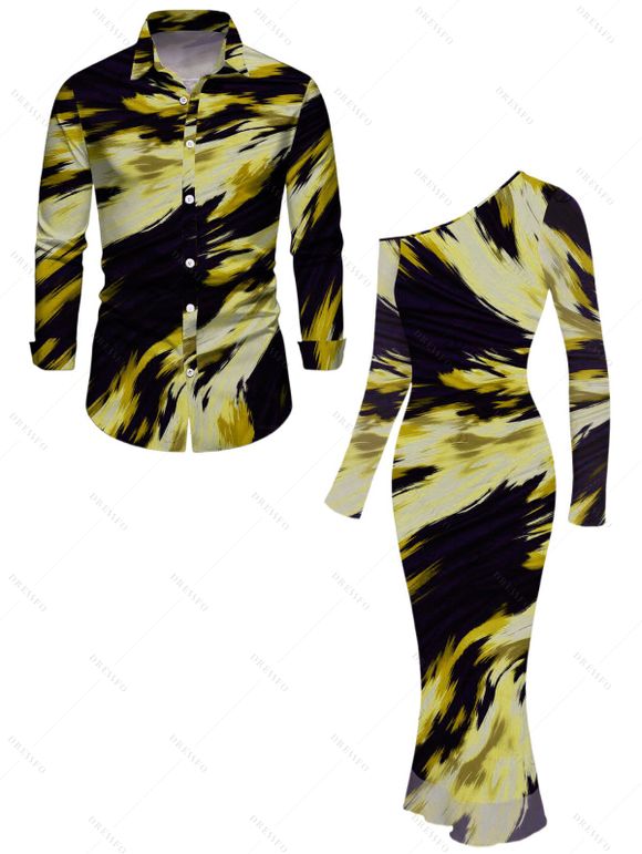 Vacation Couple Outfit Abstract Brush Stroke Print Mesh Skew Neck Bodycon Dress and Long Sleeve Shirt Set - Jaune S | US 4