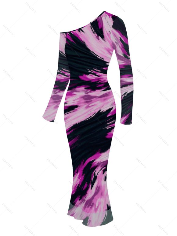 Vacation Couple Outfit Abstract Brush Stroke Print Mesh Skew Neck Bodycon Dress and Long Sleeve Shirt Set - Pourpre S | US 4