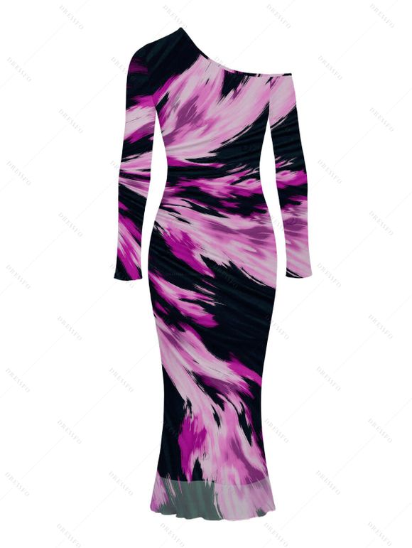 Vacation Couple Outfit Abstract Brush Stroke Print Mesh Skew Neck Bodycon Dress and Long Sleeve Shirt Set - Pourpre S | US 4