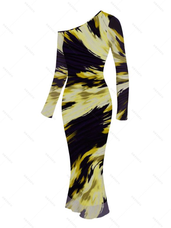 Vacation Couple Outfit Abstract Brush Stroke Print Mesh Skew Neck Bodycon Dress and Long Sleeve Shirt Set - Jaune S | US 4
