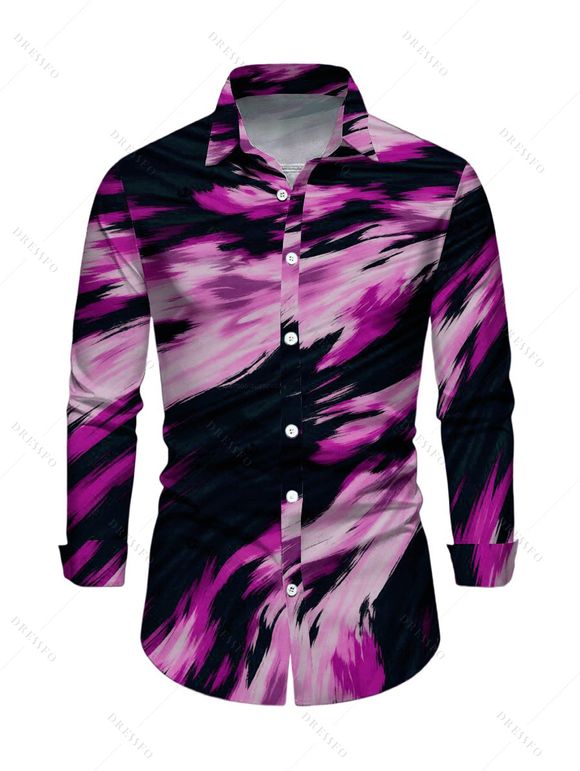 Vacation Couple Outfit Abstract Brush Stroke Print Mesh Skew Neck Bodycon Dress and Long Sleeve Shirt Set - Pourpre S | US 4
