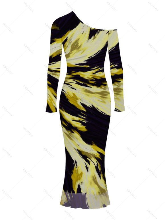 Vacation Couple Outfit Abstract Brush Stroke Print Mesh Skew Neck Bodycon Dress and Long Sleeve Shirt Set - Jaune S | US 4