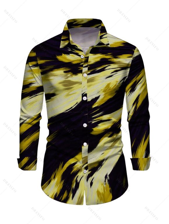 Vacation Couple Outfit Abstract Brush Stroke Print Mesh Skew Neck Bodycon Dress and Long Sleeve Shirt Set - Jaune S | US 4