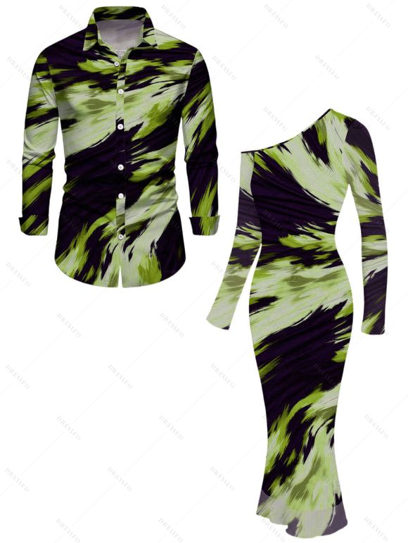 Vacation Couple Outfit Abstract Brush Stroke Print Mesh Skew Neck Bodycon Dress and Long Sleeve Shirt Set - Vert S | US 4