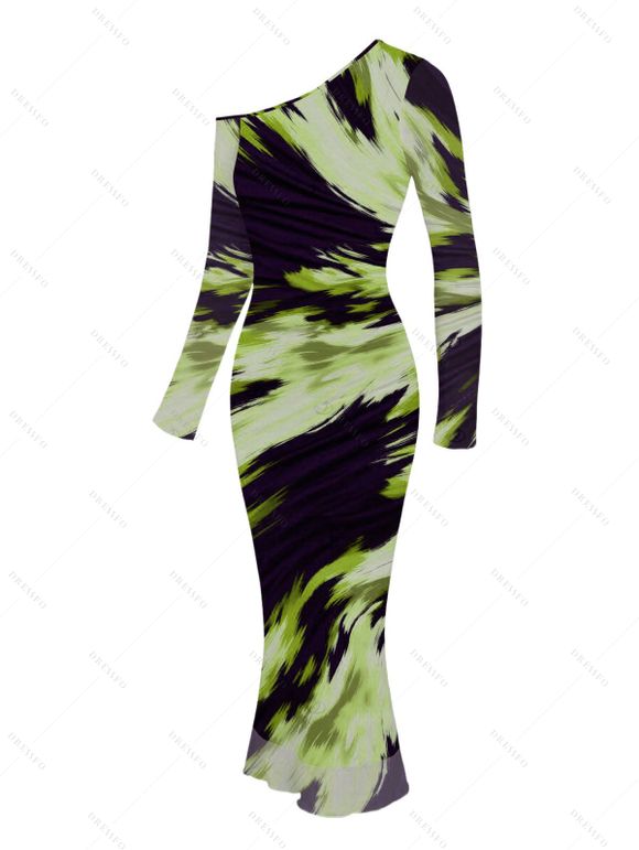 Vacation Couple Outfit Abstract Brush Stroke Print Mesh Skew Neck Bodycon Dress and Long Sleeve Shirt Set - Vert S | US 4