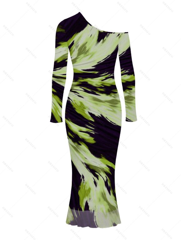 Vacation Couple Outfit Abstract Brush Stroke Print Mesh Skew Neck Bodycon Dress and Long Sleeve Shirt Set - Vert S | US 4