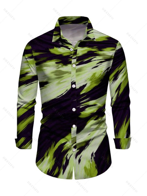 Vacation Couple Outfit Abstract Brush Stroke Print Mesh Skew Neck Bodycon Dress and Long Sleeve Shirt Set - Vert S | US 4