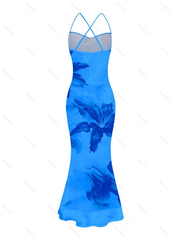 Hawaiian Vacation Dress Lily Floral Print Crisscross Ruched Mesh Bodycon Dress - Bleu L | US 8-10