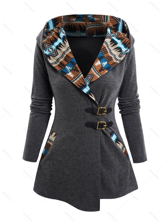 Haut à Capuche en Tricot Imprimé Jointif Tribal avec Boucle à Manches Longues - Gris L | US 8-10