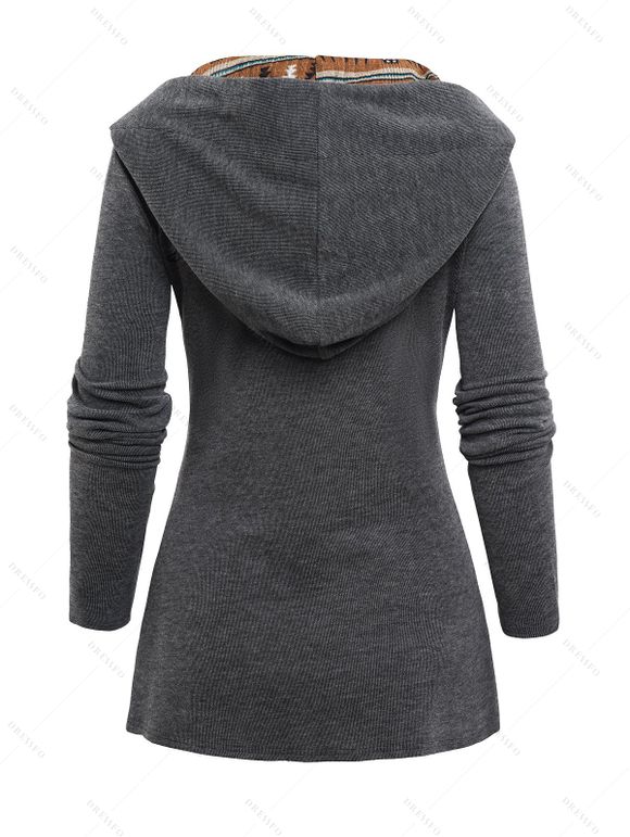 Haut à Capuche en Tricot Imprimé Jointif Tribal avec Boucle à Manches Longues - Gris L | US 8-10
