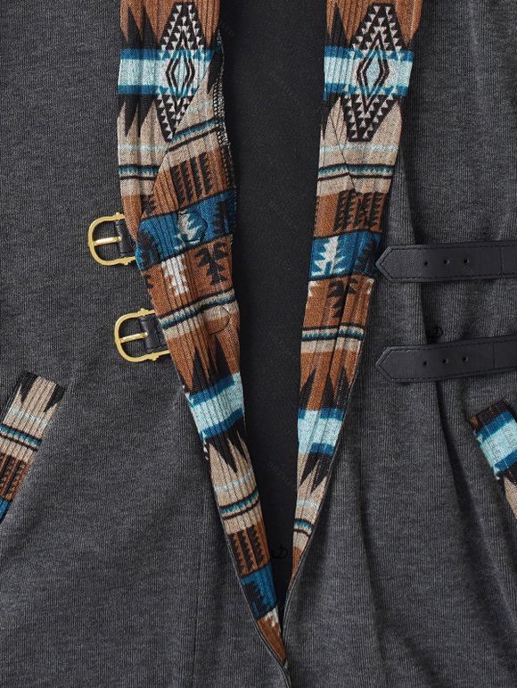 Haut à Capuche en Tricot Imprimé Jointif Tribal avec Boucle à Manches Longues - Gris L | US 8-10