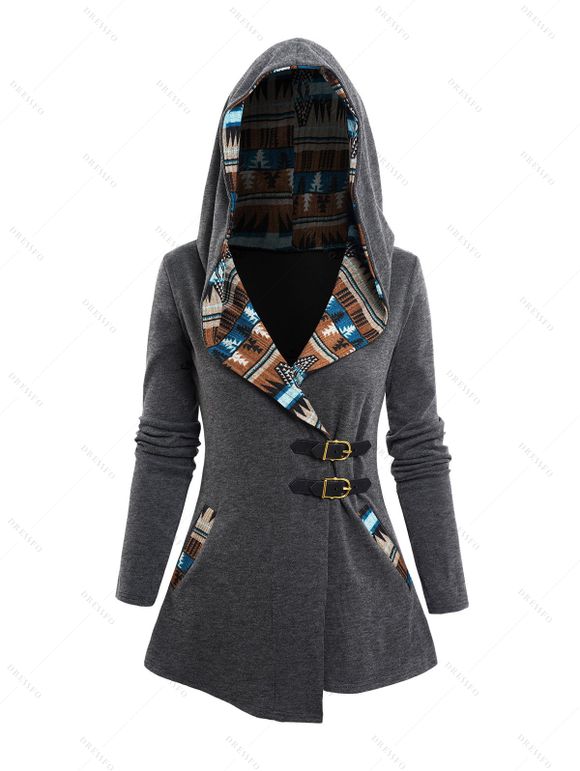 Haut à Capuche en Tricot Imprimé Jointif Tribal avec Boucle à Manches Longues - Gris L | US 8-10