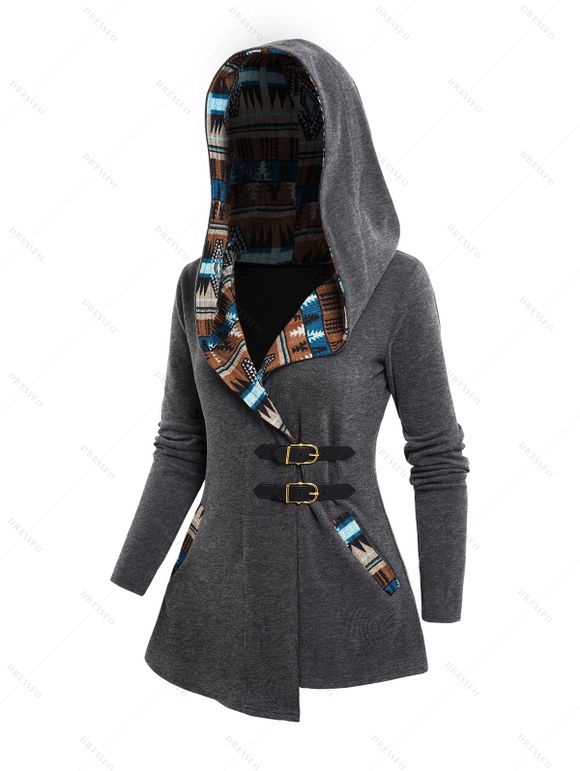 Haut à Capuche en Tricot Imprimé Jointif Tribal avec Boucle à Manches Longues - Gris L | US 8-10