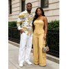 Vintage Couple Outfit Solid Color Multi-pockets Spaghetti Strap Jumpsuit and Geometric Striped Print Shirt Set - café lumière S | US 4