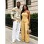 Vintage Couple Outfit Solid Color Multi-pockets Spaghetti Strap Jumpsuit and Geometric Striped Print Shirt Set - café lumière S | US 4