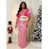 Bohemian Women Outfit Colorblock Hollow Out V Neck Cropped Top and Striped Tied Knitted Bodycon Skirt Set - Rouge Rose XL | US 12