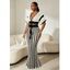 Bohemian Women Outfit Colorblock Hollow Out V Neck Cropped Top and Striped Tied Knitted Bodycon Skirt Set - Noir S | US 4