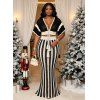 Bohemian Women Outfit Colorblock Hollow Out V Neck Cropped Top and Striped Tied Knitted Bodycon Skirt Set - Noir S | US 4
