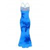 Hawaiian Vacation Dress Lily Floral Print Crisscross Ruched Mesh Bodycon Dress - Bleu S | US 4