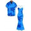 Hawaiian Vacation Couple Outfit Lily Floral Print Crisscross Ruched Mesh Bodycon Dress and Short Sleeve Shirt Set - BLUE S | US 4