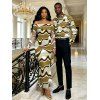 Vintage Couple Outfit Colorblock Wave Print Foldover Off the Shoulder Ruched Bodycon Dress and Long Sleeve Shirt Set - ARMY GREEN S | US 4