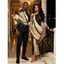 Vintage Couple Outfit Colorblock Geometric Diagonal Stripe Print Skew Neck Mesh Bodycon Dress and Long Sleeve Shirt Set - BROWN S | US 4