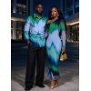 Vintage Couple Outfit Ombre Tie Dye Zig Zag Print Mesh Skew Neck Bodycon Dress and Long Sleeve Shirt Set - multicolor A S | US 4