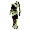 Vacation Couple Outfit Abstract Brush Stroke Print Mesh Skew Neck Bodycon Dress and Long Sleeve Shirt Set - Vert S | US 4