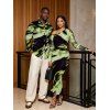 Vacation Couple Outfit Abstract Brush Stroke Print Mesh Skew Neck Bodycon Dress and Long Sleeve Shirt Set - Vert S | US 4