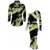 Vacation Couple Outfit Abstract Brush Stroke Print Mesh Skew Neck Bodycon Dress and Long Sleeve Shirt Set - Vert S | US 4
