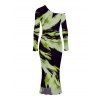 Vacation Couple Outfit Abstract Brush Stroke Print Mesh Skew Neck Bodycon Dress and Long Sleeve Shirt Set - Vert S | US 4