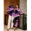 Vacation Couple Outfit Abstract Brush Stroke Print Mesh Skew Neck Bodycon Dress and Long Sleeve Shirt Set - Pourpre S | US 4